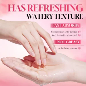 Hands applying SADOER Rose Peptide Face Serum to show the refreshing and fast-absorbing watery texture.