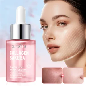 SADOER Sakura Collagen Serum bottle next to a model showcasing hydrated skin and texture improvements.
