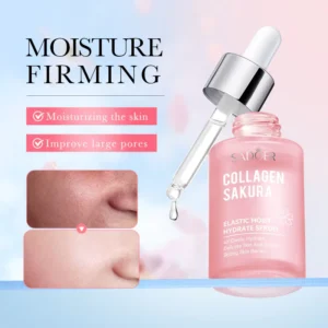 SADOER Sakura Collagen Serum bottle with dropper and before-and-after skin comparison for pore improvement.