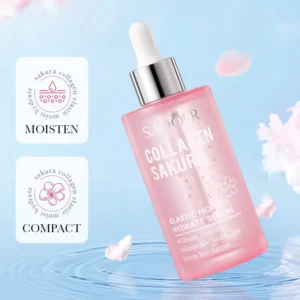 SADOER Sakura Collagen Serum bottle with cherry blossom petals and hydration icons over water ripples.