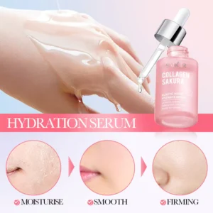 SADOER Sakura Collagen Serum showing hydrating application and skin results for smoothness and firmness.