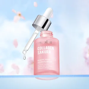 SADOER Sakura Collagen Serum pink bottle with glass dropper and a falling hydrating droplet.