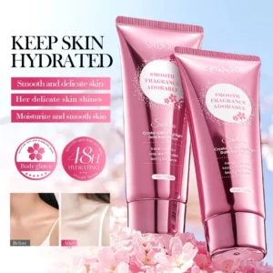 SADOER Sakura Crystal Glitter Body Lotion tubes with glowing skin before and after results.