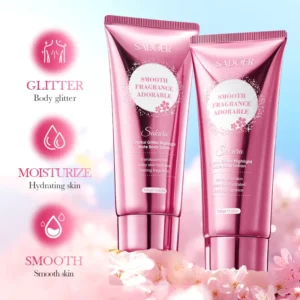 SADOER Sakura Crystal Glitter Body Lotion tubes with cherry blossoms, highlighting moisturizing and shimmering skin benefits.