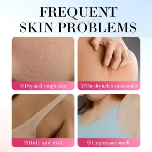 SADOER Sakura Body Lotion infographic showing common skin concerns like dryness, itching, and dullness.