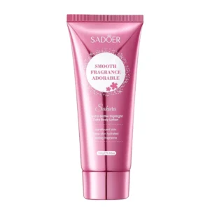 SADOER Sakura Crystal Glitter Body Lotion in a pink metallic tube with cherry blossom accents.