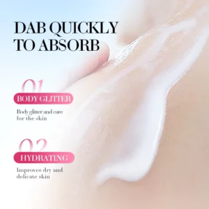 SADOER Sakura Crystal Glitter Body Lotion being applied to skin for fast-absorbing hydration and shimmer.