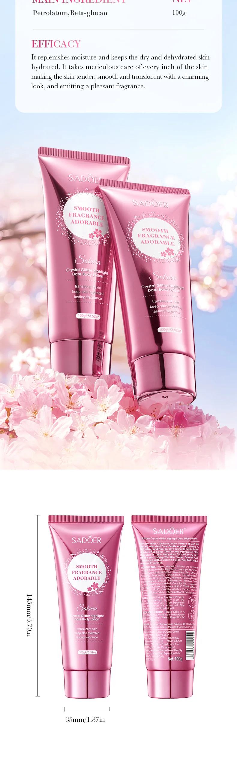 SADOER Sakura Crystal Glitter Body Lotion product information