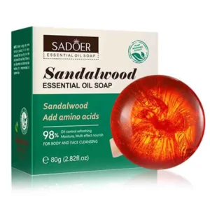 SADOER Sandalwood Essential Oil Soap Bar with amino acids and translucent amber cleansing bar.