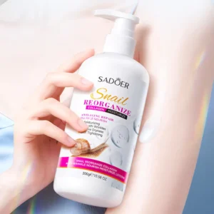 SADOER Snail Collagen Body Lotion being applied to skin, showcasing its hydrating and smooth texture.