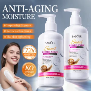 SADOER Snail Collagen Body Lotion bottles featuring anti-aging moisture and skin tightening benefits.