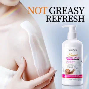 SADOER Snail Collagen Body Lotion applied to arm, showcasing its non-greasy and refreshing texture.