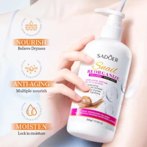 SADOER Snail Collagen Body Lotion bottle with icons for nourishing dryness relief and anti-aging.