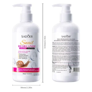 Front and back view of SADOER Snail Collagen Body Lotion bottle with labeled dimensions.