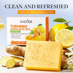SADOER Turmeric Soap Bar with fresh turmeric roots and lemons for skin cleansing.