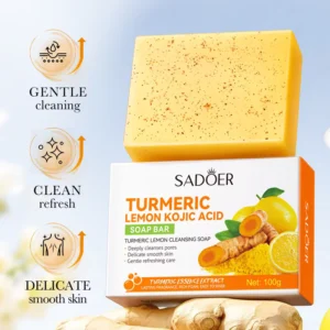 SADOER Turmeric Soap Bar with kojic acid and lemon for gentle cleansing and smooth skin.