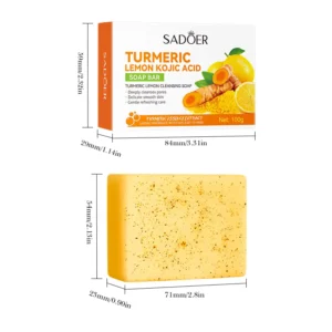 SADOER Turmeric Soap Bar packaging and product dimensions in millimeters and inches.