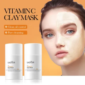 SADOER Vitamin C Clay Face Mask bottles with a model demonstrating pore cleansing and oil control.