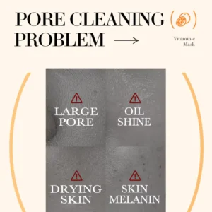 SADOER Vitamin C Clay Face Mask graphic showing large pores and oil shine concerns.