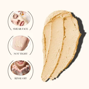 Texture swatch and application steps for SADOER Vitamin C Clay Face Mask clarifying treatment.