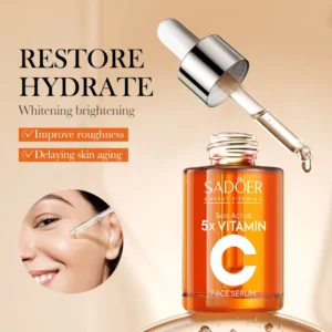 SADOER Vitamin C Face Serum bottle and dropper with model application for brightening and hydration.