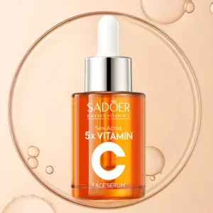 SADOER Vitamin C Face Serum glass dropper bottle displayed against a clinical liquid droplet background.