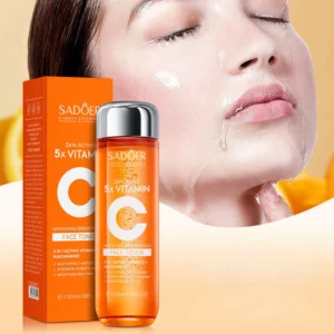 SADOER Vitamin C Face Toner packaging shown next to a woman's radiant, hydrated face.