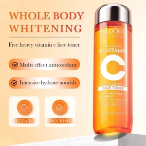 SADOER Vitamin C Face Toner bottle showcasing skin brightening, repair, and intensive hydration benefits.