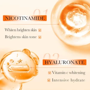 SADOER Vitamin C Face Toner ingredients infographic highlighting Nicotinamide and Hyaluronate benefits.