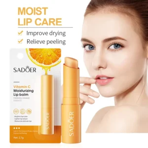 SADOER Vitamin C Lip Balm packaging and tube featuring orange extract and a model.