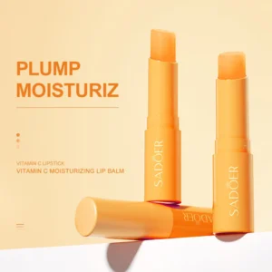 Three tubes of SADOER Vitamin C Lip Balm displayed on a warm orange background.