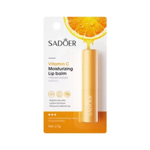 SADOER Vitamin C Lip Balm in retail packaging with a fresh orange slice graphic.