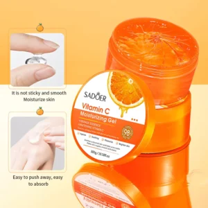 SADOER Vitamin C Moisturizing Gel orange tubs and clear texture demonstration for skin hydration.