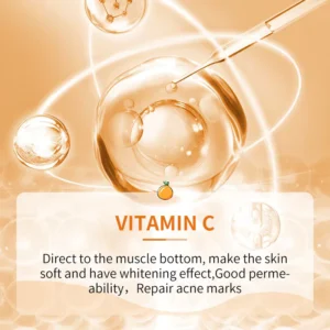 SADOER Vitamin C Moisturizing Gel graphic highlighting skin-brightening benefits and acne mark repair.
