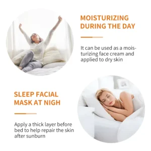 SADOER Vitamin C Moisturizing Gel infographic illustrating daytime moisturizing and nighttime sleep mask repair.