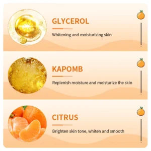 Ingredient infographic for SADOER Vitamin C Moisturizing Gel highlighting Glycerol, Kapomb, and Citrus extracts.