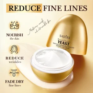 SADOER Yeast Collagen Eggshell Veil Cream in a gold jar for moisturizing and reducing fine lines.