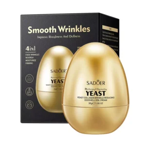 SADOER Yeast Collagen Eggshell Veil Cream gold egg-shaped jars with black anti-aging product box.