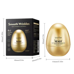 SADOER Yeast Collagen Eggshell Veil Cream gold egg-shaped jar and packaging box with dimensions.