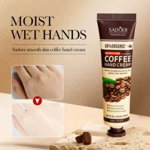 SADOER Coffee Hand Cream showing moisturizing and nourishing before and after skin results.