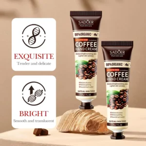 Two SADOER Coffee Hand Cream tubes standing upright with moisturizing skin benefit icons.