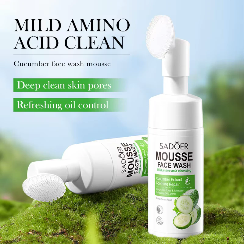 SADOER Cucumber Facial Cleanser Mousse with silicone massage brush on natural green moss.
