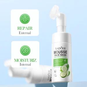 SADOER Cucumber Facial Cleanser Mousse with built in silicone massage brush and skin repair graphics.