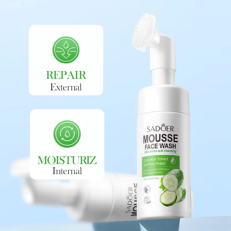 SADOER Cucumber Facial Cleanser Mousse with built in silicone massage brush and skin repair graphics.