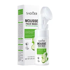 SADOER Cucumber Facial Cleanser Mousse box and bottle with soft silicone massage brush.