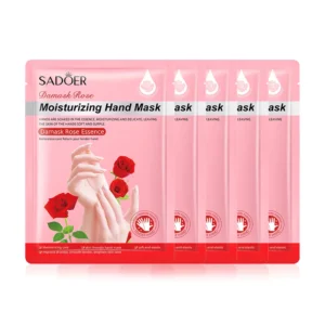 Five pink pouches of SADOER Damask Rose Hand Mask for moisturizing dry hands.