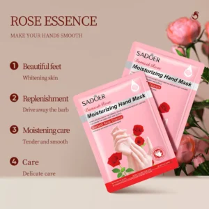 SADOER Damask Rose Hand Mask sachets illustrating moisturizing benefits for soft, smooth skin.