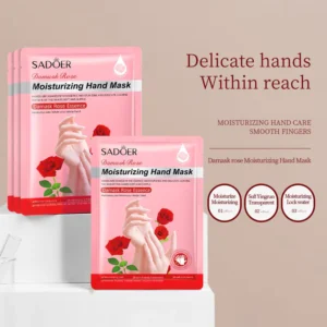 SADOER Damask Rose Hand Mask packaging highlighting moisturizing benefits for soft, hydrated skin.