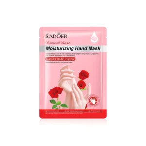 SADOER Damask Rose Hand Mask packaging featuring rose extracts for hydrating dry hands.