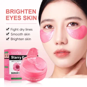 Woman wearing pink SADOER Damask Rose Starry Eye Mask patches alongside the product packaging.